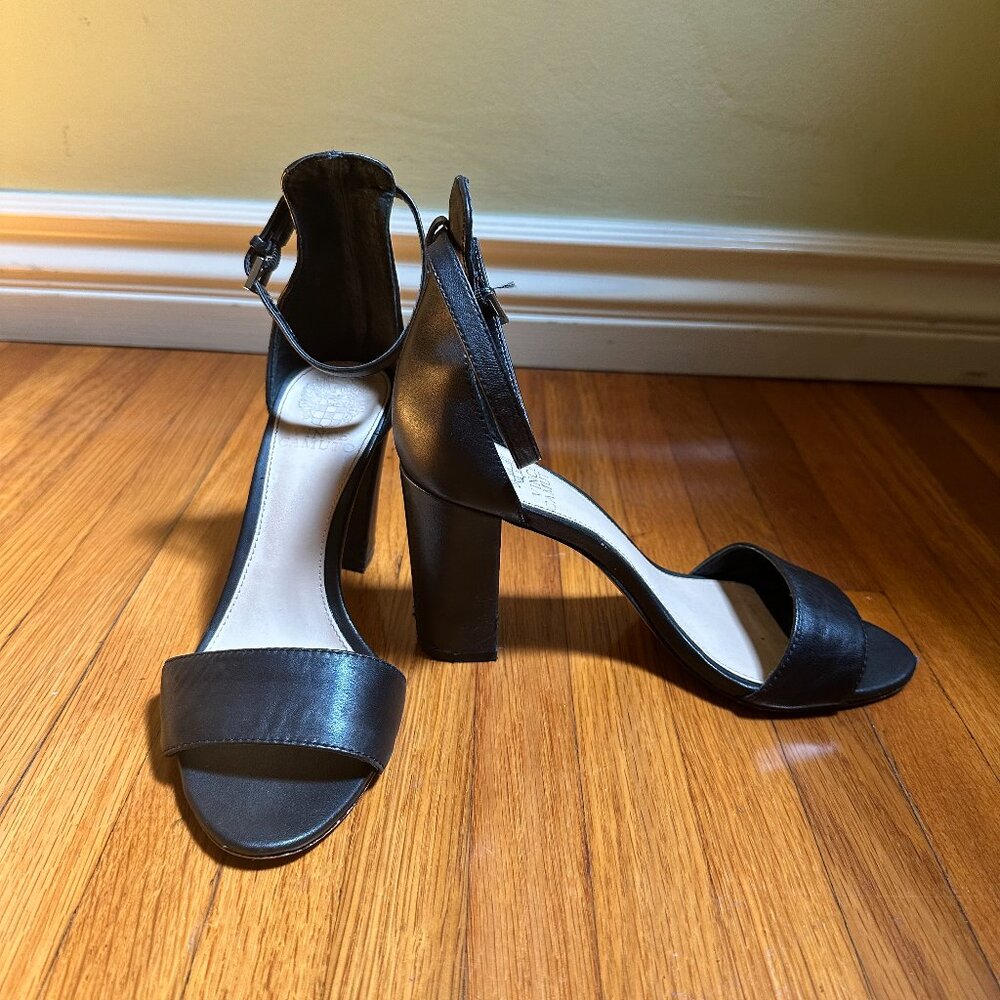 Vince Camuto Block High Heel Sandals Size 7 in Black Leather